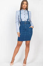 Load image into Gallery viewer, Becca Belted High Waist Denim Skirt With Adjustable Suspenders (THIS ITEM WILL SHIP IN 2 WEEKS)
