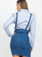 Load image into Gallery viewer, Becca Belted High Waist Denim Skirt With Adjustable Suspenders (THIS ITEM WILL SHIP IN 2 WEEKS)
