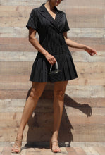 Load image into Gallery viewer, Penny Pinstriped Double Button Pleated Dress (THIS ITEM WILL SHIP IN 2 WEEKS)
