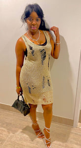 Excuse Me Miss Gold Knit Distressed Dress