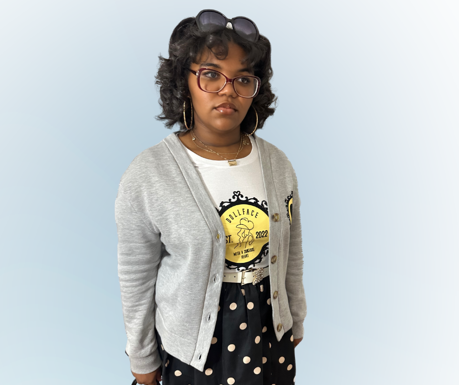 Gray Cardigan with Signature Girl Friday Initial Logo