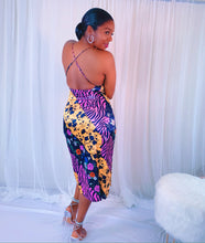 Load image into Gallery viewer, Floral Zebra Multi Printed Satin Midi Slip Dress with Side Split
